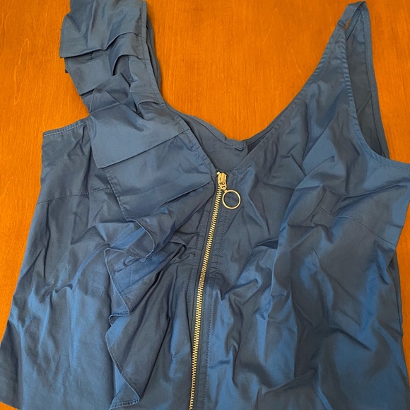 Cobalt blue zipper front ruffle trim crop top - Picture 2 of 4